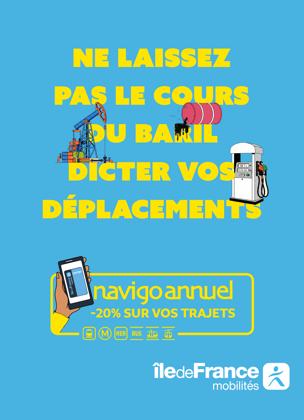 Affiche Île-de-France Mobilités sur la réduction de 20 % sur les trajets