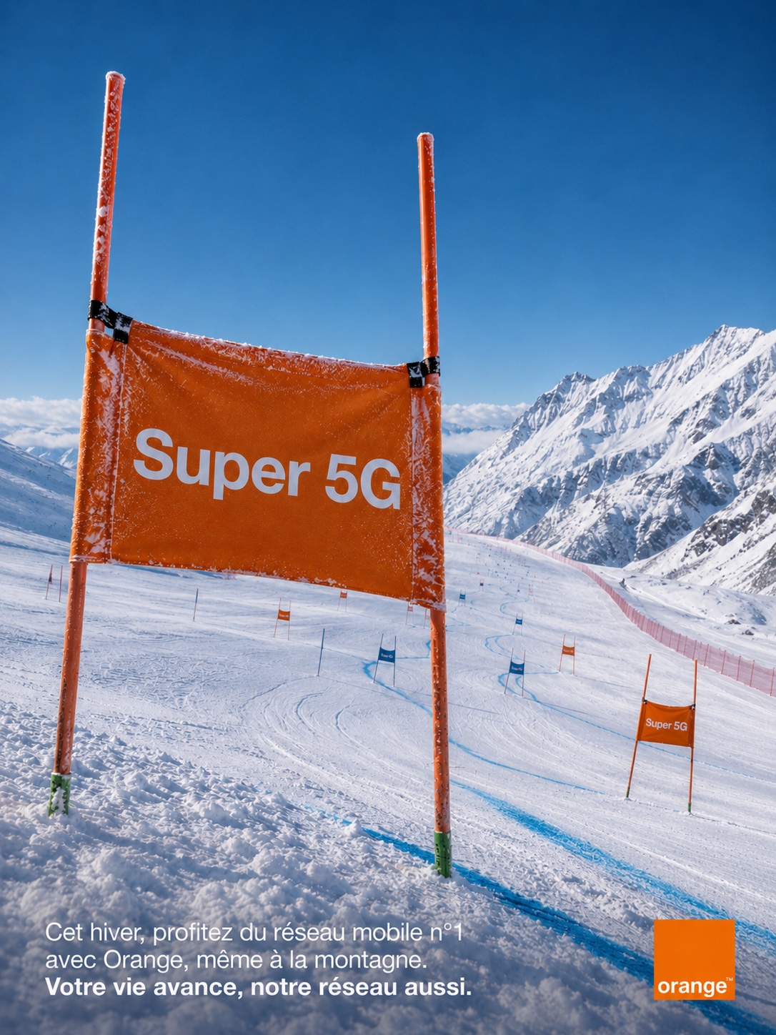 Affiche Orange Super 5G sur une piste de ski